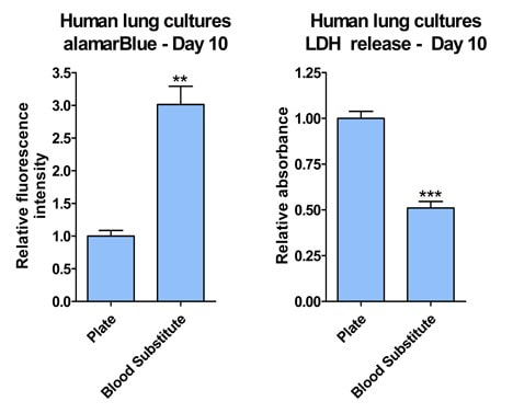 Lung cell cultures are metabolically more active and healthier when grown on the Blood Substitute